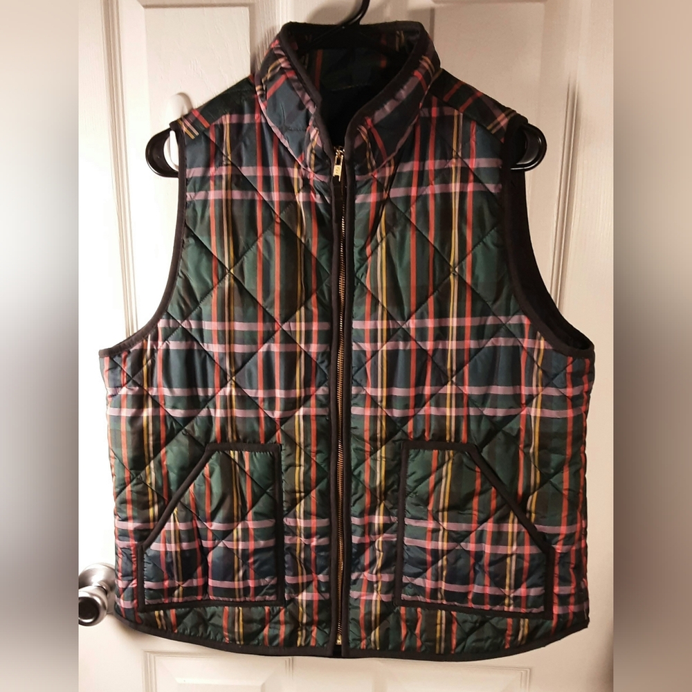 Ladies J Crew Multi-Color Plaid Quilted Vest Size XL